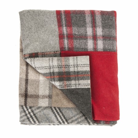 Siri ullpledd – patchwork i varme grå, røde og beige toner