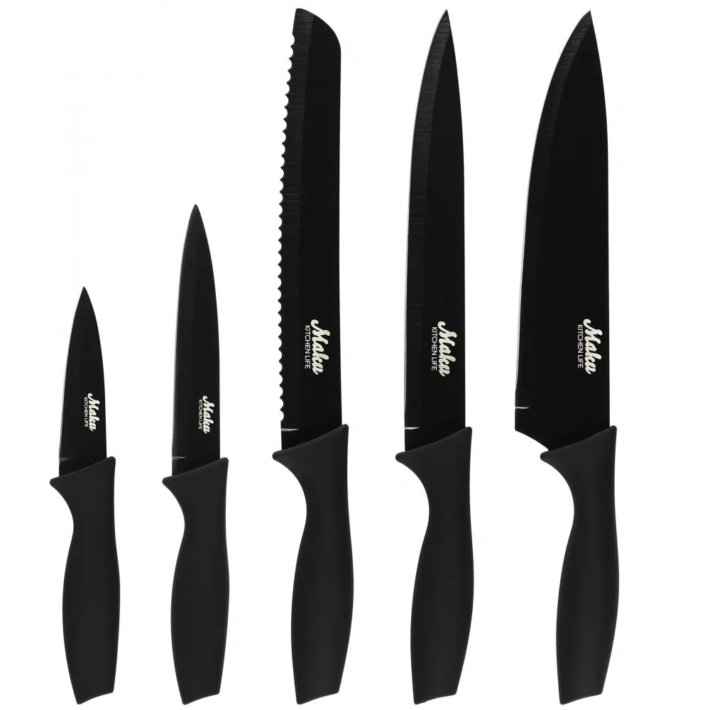 Svart knivsett 5 deler – kjøkkenkniver i rustfritt stål