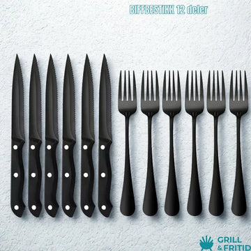 12-dels biffbestikk i matt sort rustfritt stål 6 kniver og 6 gafler