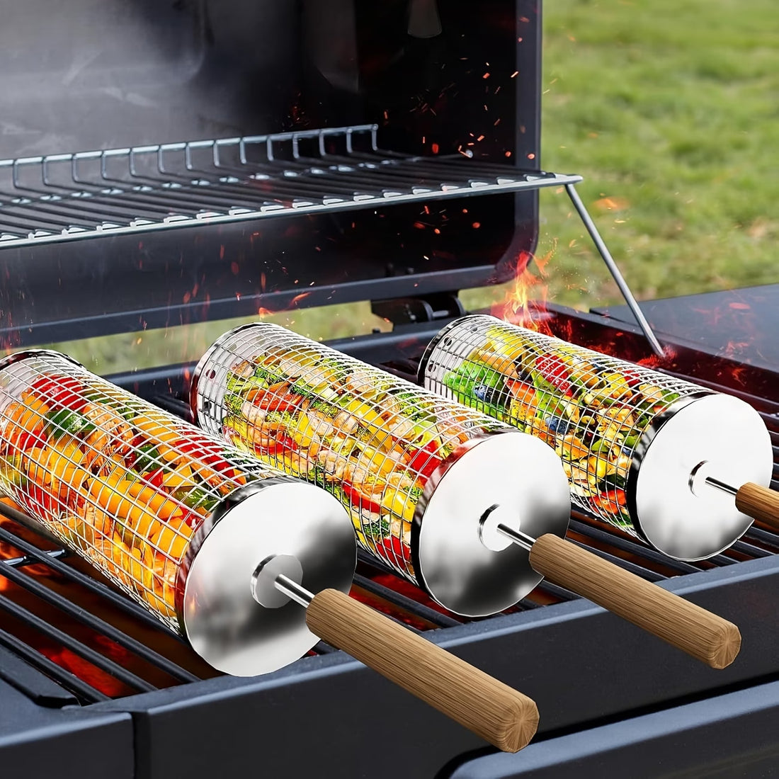 Grillkurv 30 cm med avtakbart trehåndtak