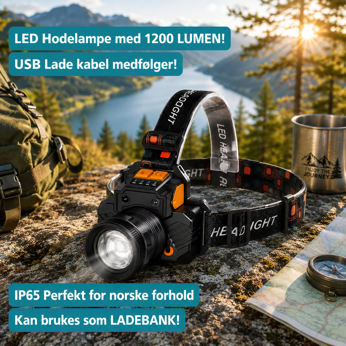 LED Hodelykt 1200 Lumen – Håndsensor, Powerbank & IP65