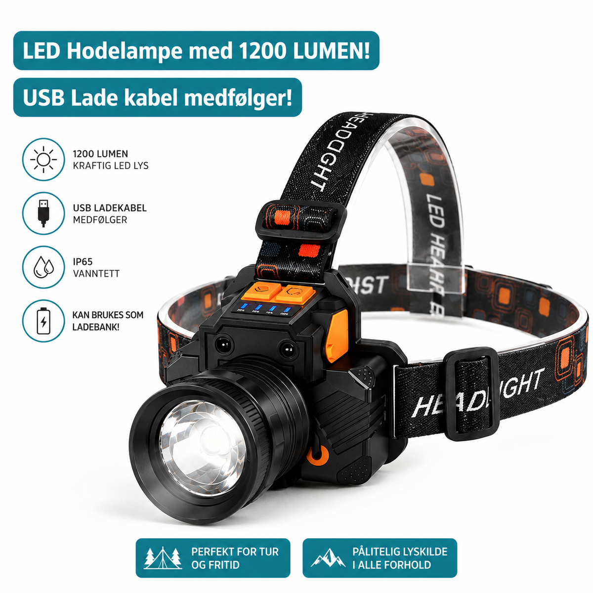 LED Hodelykt 1200 Lumen – Håndsensor, Powerbank & IP65