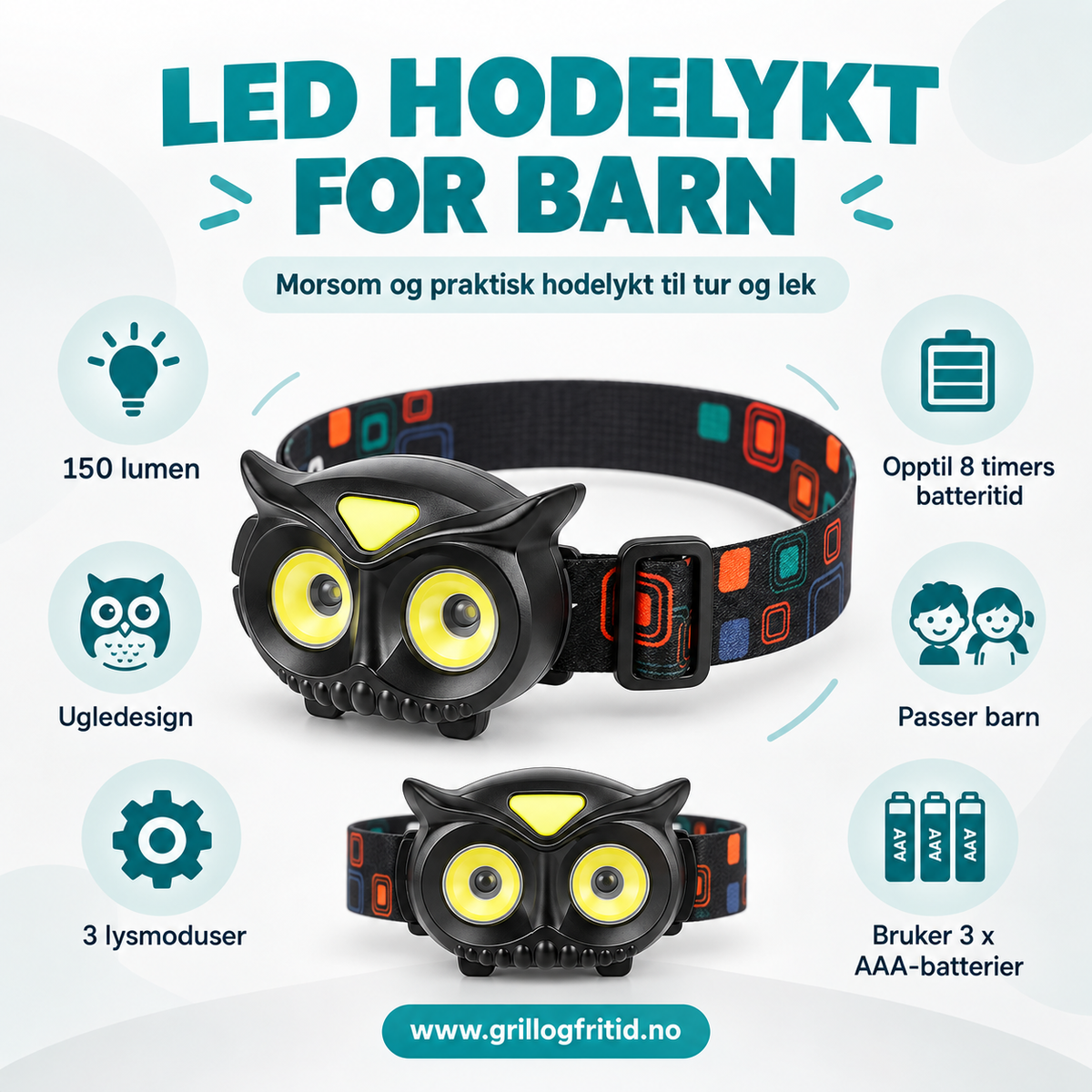 Hodelykt til barn med ugledesign – 150 lumen
