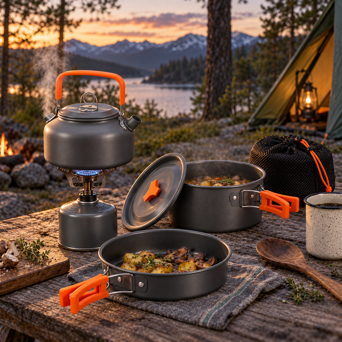 Campingkokesett 3 deler med non-stick