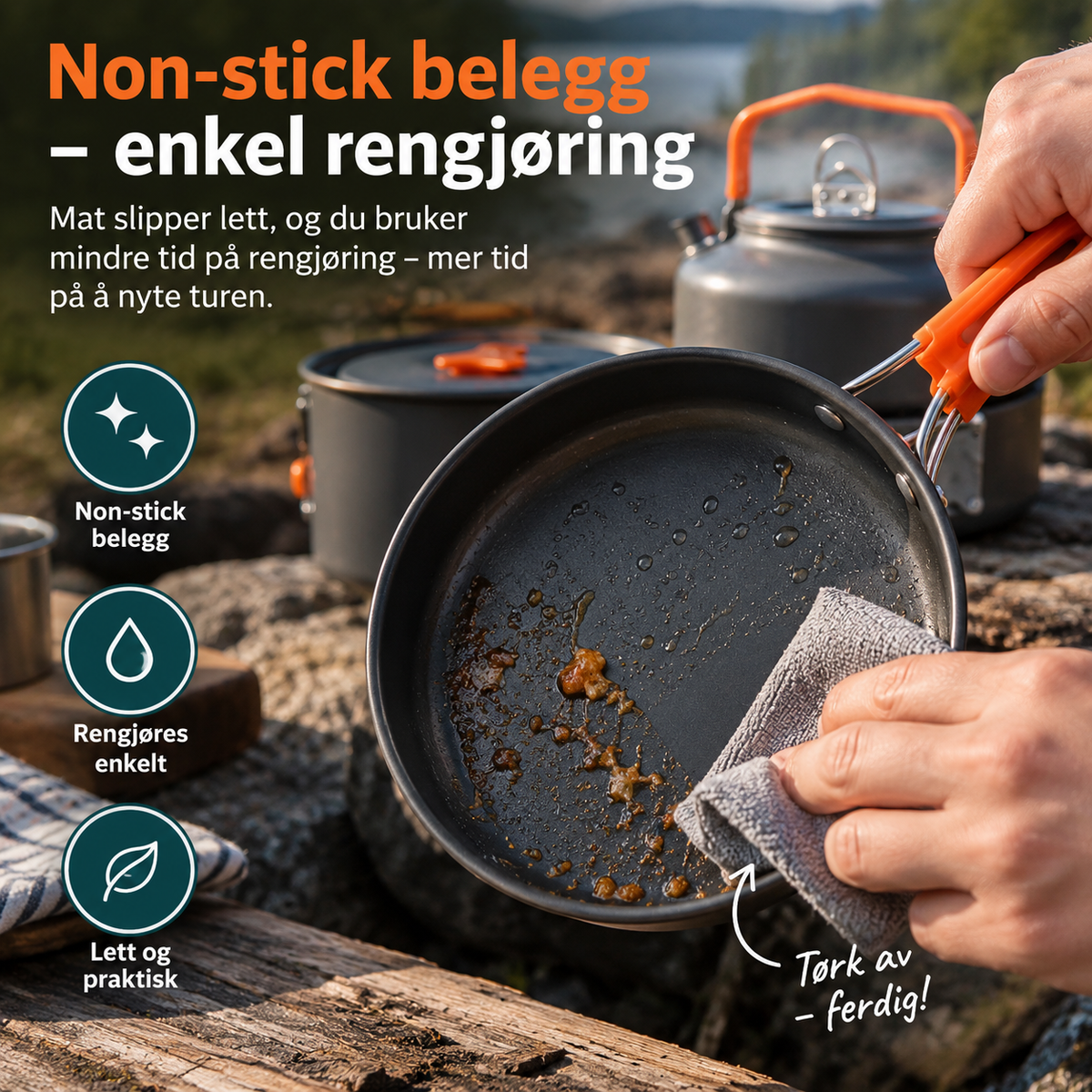 Campingkokesett 3 deler med non-stick