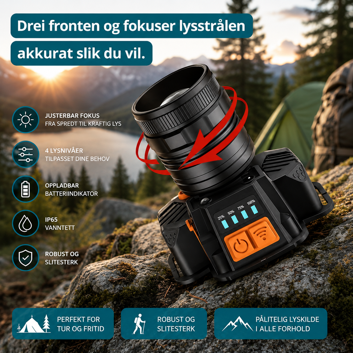 LED Hodelykt 1200 Lumen – Håndsensor, Powerbank & IP65