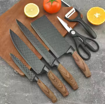 Grill og Fritid Knivsett 6-deler – kjøkkenkniver med diamantmønstret stål