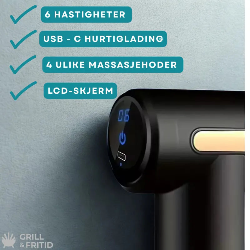Massasjepistol – 4 Hoder, 6 Hastigheter, USB-C og LCD-skjerm