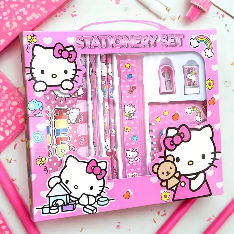 Hello Kitty Skrivesett i gaveeske – Notatbok, blyant, viskelær og linjal