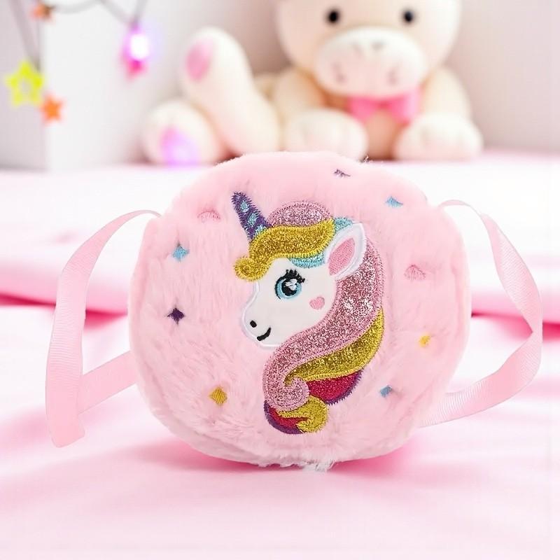 Rosa enhjørning skulderveske til barn – myk plysj med glidelås