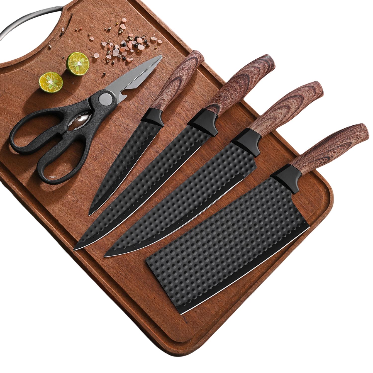 Grill og Fritid Knivsett 6-deler – kjøkkenkniver med diamantmønstret stål